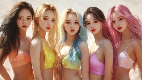 Sunlit pastel mermaids sharing a dreamy beach moment.