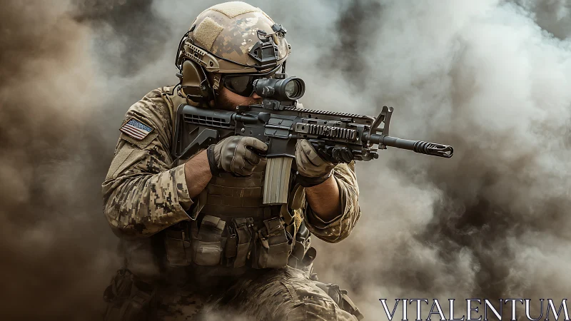 Battle-ready soldier advances through dense smoke and chaos