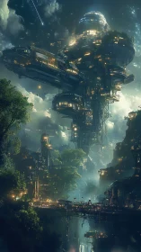 Futuristic vertical city rising above lush jungle canopy.