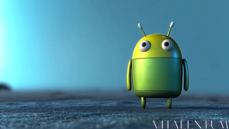 Bokeh-lit glossy green robot character rendered in shallow depth