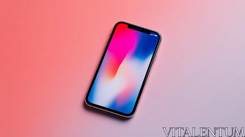 Black smartphone with gradient display rendered against soft pastel gradient background