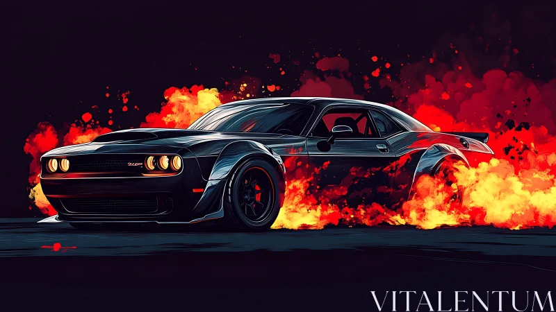 High-contrast muscle car burnout amid stylized inferno flames