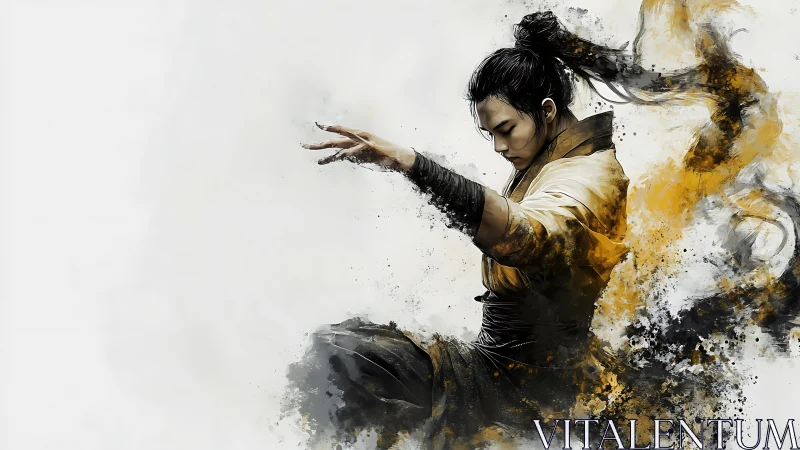 Martial mystic in swirling ink and ember storm of focus.