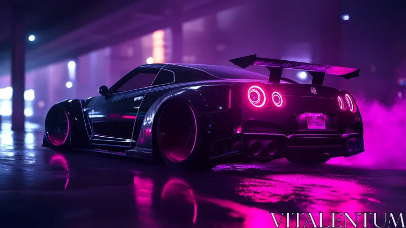 Modified sports coupe under neon lights in urban night scene.