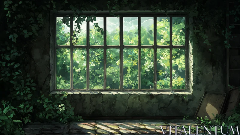 Sunlit overgrown window bathes an abandoned room in calm