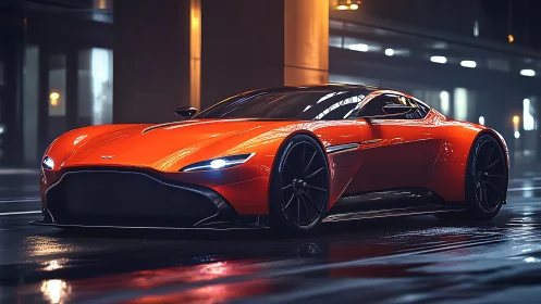 Orange supercar on wet city street under moody lights.
