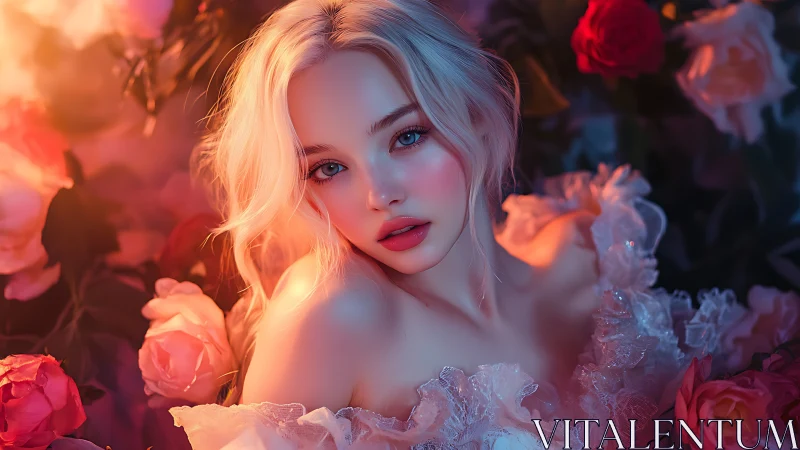 Blonde ethereal beauty framed by glowing garden roses.