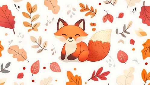 Playful cartoon fox rests amid scattered autumn leaves.