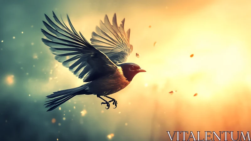 Backlit songbird in dynamic mid-flight with volumetric rim lighting