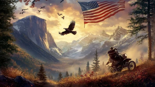 Motorcyclist surveying alpine valley beneath soaring flag.