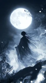 Lunar backlit silhouette in turbulent nocturnal mist field.