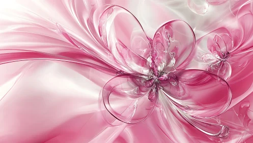 Pink glasslike abstract floral shapes on soft gradient.