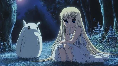 Girl with long hair sits beside creature under moonlit forest