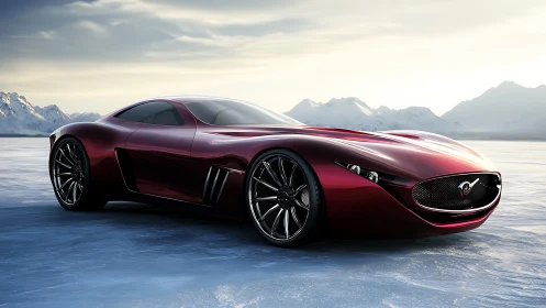 Red concept sports car is positioned on frozen flat terrain