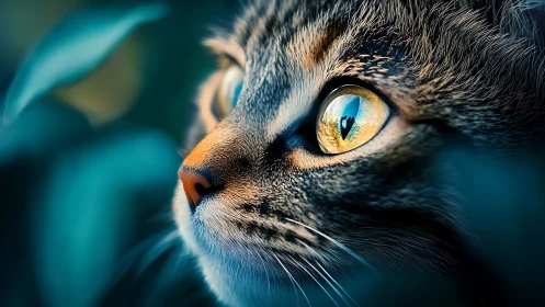 Luminous Gaze: Tabby Cat's Piercing Amber Eyes in Turquoise