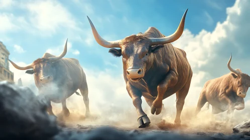 Charging bulls rendered in dynamic low-angle photorealism
