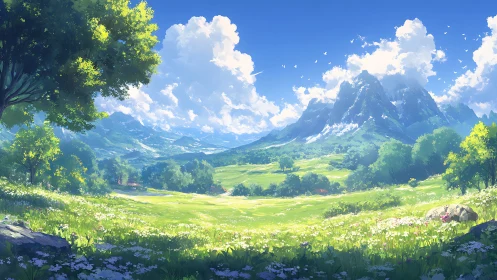 Vast alpine meadow under cumulus sky with distant jagged peaks