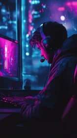 Neon night gamer deep in a dreamy cyber city glow.