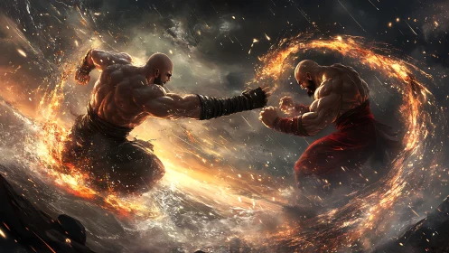 Two muscular fighters clash with massive fire energy bursts