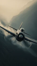Low-level radial-engine fighter executing turn in misty valley