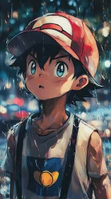 Young anime boy in cap standing in rainy city scene.