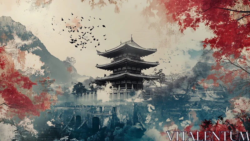 Pagoda rises over misty valley framed by red foliage