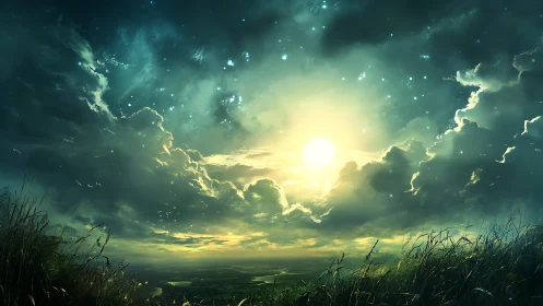 Luminous celestial sunrise penetrates storm-laden cloudscape