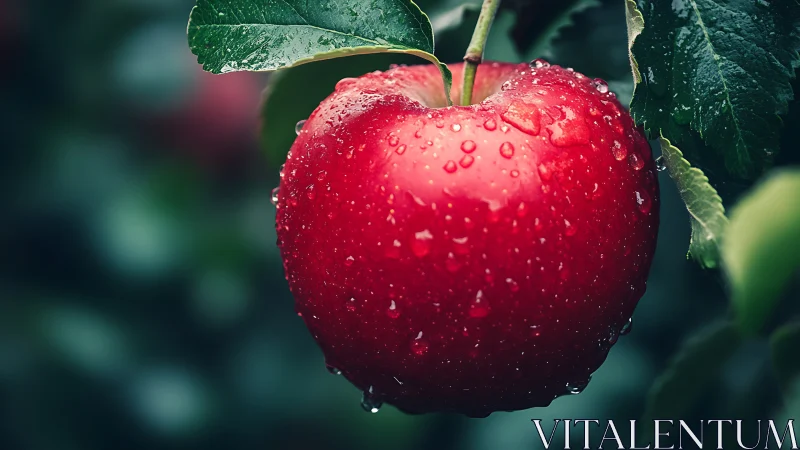 Ripe red apple with water droplets on tree branch outdoors.