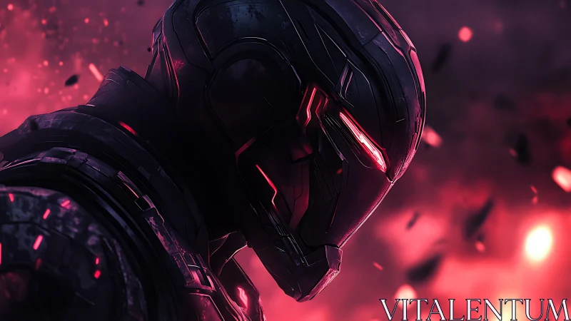 Parametric combat exosuit helmet in volatile plasma backlight.