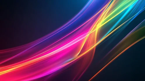 Chromatic light trails sweeping across deep navy field.