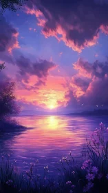 Vivid purple and pink sunset over calm reflective lake.