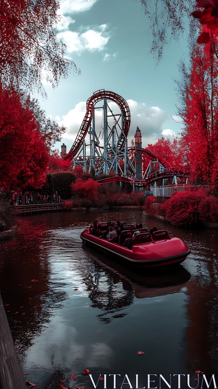 Roller coaster and boat ride in stylized autumn park.