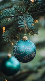 Glittering teal bauble hangs softly on a peaceful fir branch