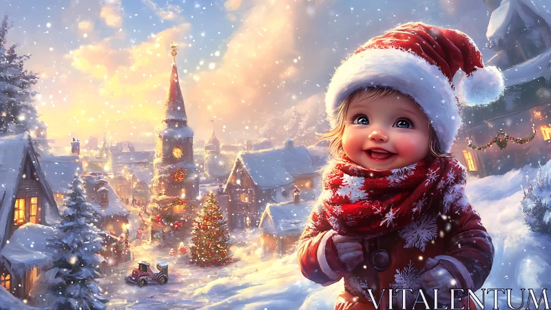 Smiling child in Santa suit overlooks glowing snowy village