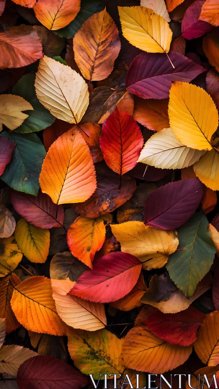 Autumn tree leaves forming vivid layered color tapestry.