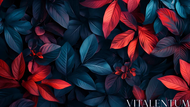 Bicolored foliage pattern uses deep cyan and red gradient shading