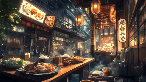 Night market food alley with lantern glow and steam trails.