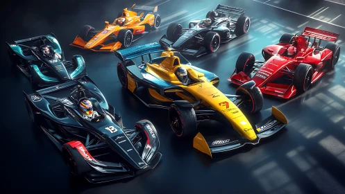 Colorful race cars lined up with sleek, adrenaline ready style.