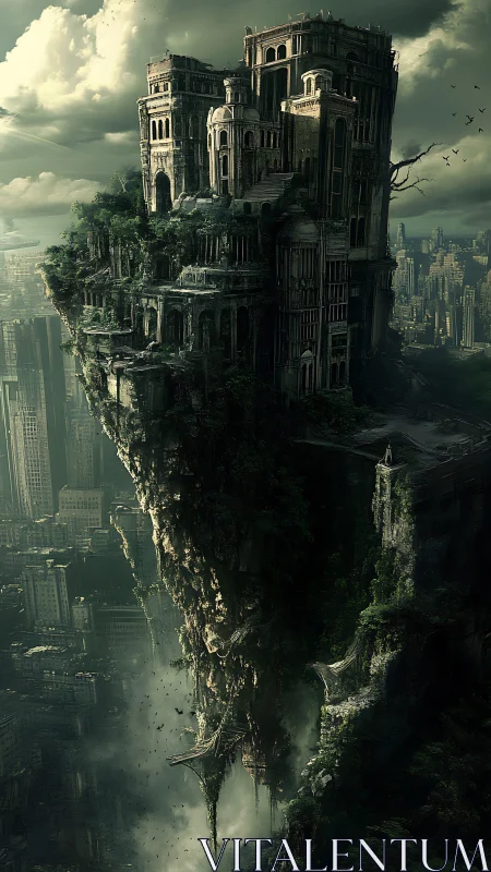 Towering ruin floats above dystopian city abyss.