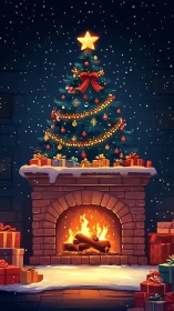 Star-topped hearthside Christmas tree in storybook glow.