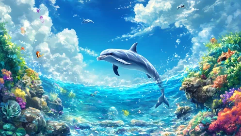 Dolphin arcs through radiant tropical reef seascape sky