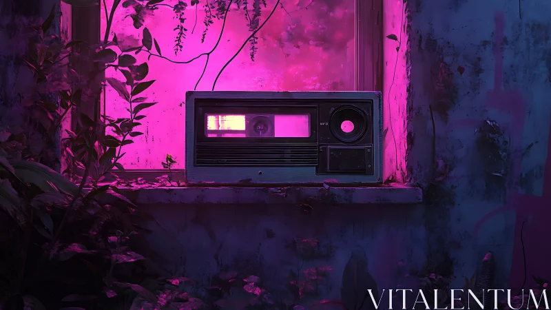 Neon radio on overgrown windowsill in moody ruin.