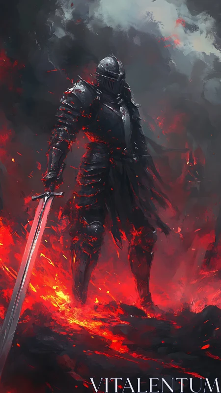 Heavily armored dark knight standing in flowing volcanic lava