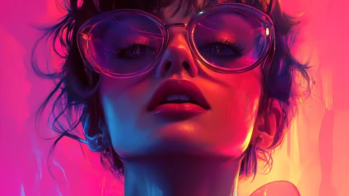 Neon-drenched woman in oversized glasses exudes fierce poise