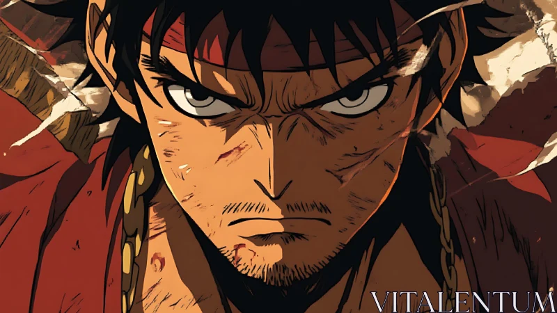 Battle-scarred anime warrior locks eyes with the storm.