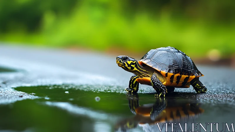 Painted turtle crosses wet asphalt road after rainfall