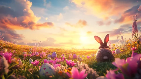 Sunset bunny listens quietly as painted eggs glow awake