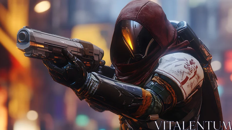 Hooded sci fi guardian aims a sleek pistol in neon city
