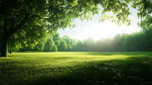 Backlit summer meadow renders hyperreal forest atmosphere