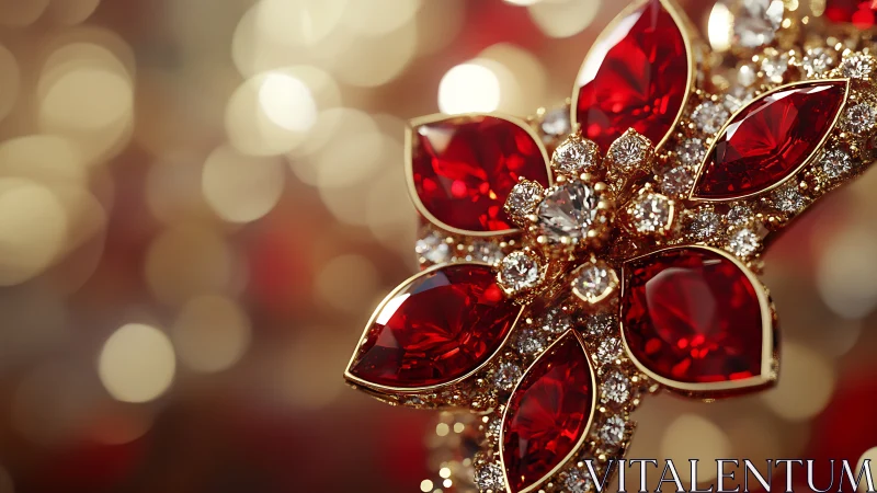 Macro optical study of ruby floral brooch and bokeh field.